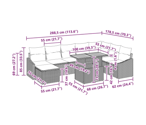 Conjunto de Comedor de Jardín  de 9 Piezas con Cojines Beige, Rattan de Poliémero, Acacia