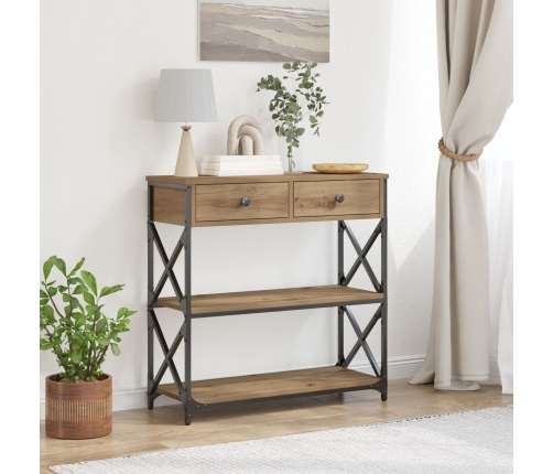 Mesa Consola  de Roble Artesanal 75x28x75 cm Madera Ingenierizada y Acero