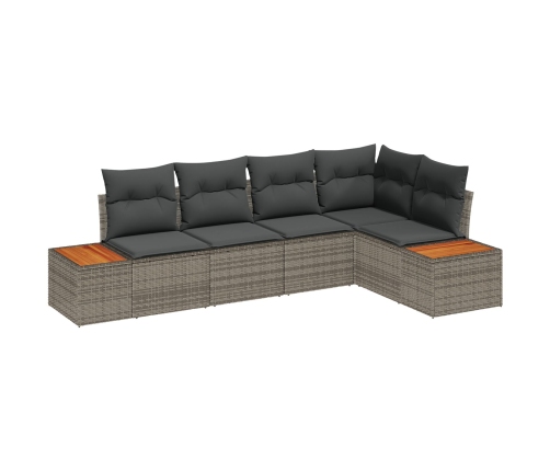 Conjunto de Sofá de Jardín de 5 piezas con Cojines Gris Poliratán Acacia