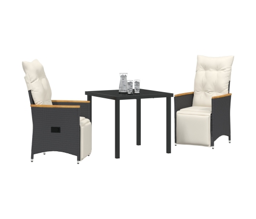 Conjunto de Comedor Jardín de 3 Piezas con Cojines Negro Poliratán