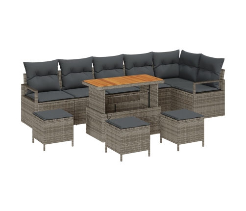 Juego de Sofás de Jardín de 10 Piezas con Cojines Gris Polirratán Acacia,  Sofá de Jardín de 2 Plazas con Almacenamiento y Cojines Gris Polirratán,  Juego de Comedor de Jardín de 4 Piezas con Cojines Gris Polirratán Acacia