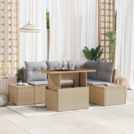 Juego de Comedor de Jardín de 5 Piezas con Cojines – Ratán Polivinílico Beige Acacia