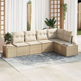 Conjunto de Sofá de Jardín de 5 Piezas con Cojines Beige Ratán Poli