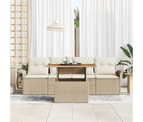 Juego de Sofá de Jardín de 5 Piezas con Cojines Beige Ratán Polivalente Acacia