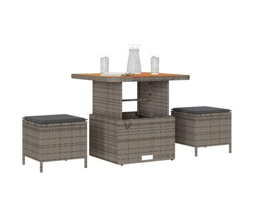 Conjunto de Comedor de Jardín de 3 Piezas con Cojines Gris de Poliratán y Acacia
