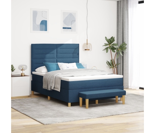 Cama con Base de Muelles con Colchón y Banco Azul 140x190 cm Tela