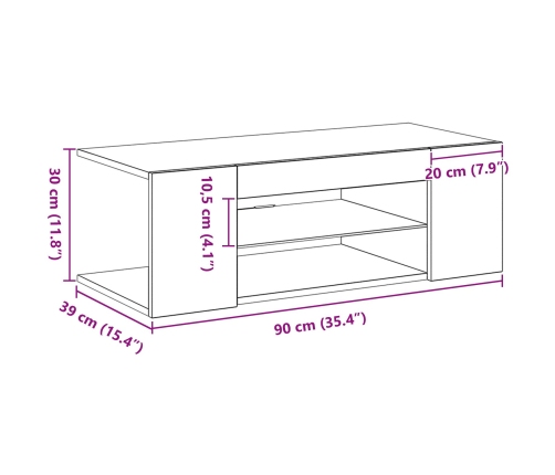 Mueble de TV  con luces LED en roble negro, 90x39x30 cm, de madera elaborada