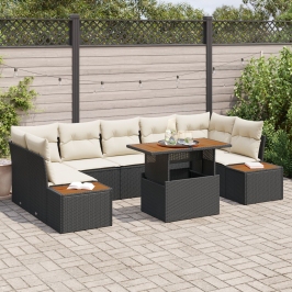 Conjunto de Comedor de Jardín de 8 Piezas con Cojines Negro Ratán Poliéster Acacia