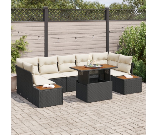 Conjunto de Comedor de Jardín de 8 Piezas con Cojines Negro Ratán Poliéster Acacia