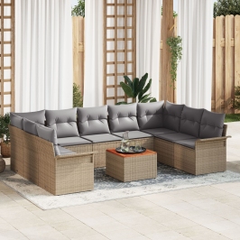 Conjunto de Sofá de Jardín de 10 Piezas con Cojines Beige Poliratán Acacia
