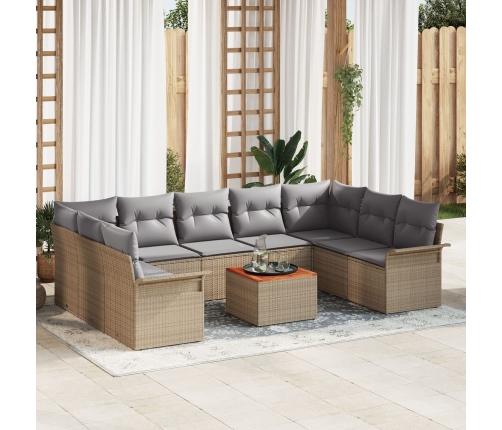 Conjunto de Sofá de Jardín de 10 Piezas con Cojines Beige Poliratán Acacia