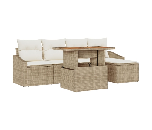 Set de Comedor de Jardín de 6 Piezas con Cojines Beige de Ratán Poliéster Acacia