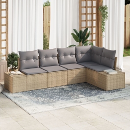 Set de Sofá de Jardín  de 5 Piezas con Cojines Beige Ratán Poliéster