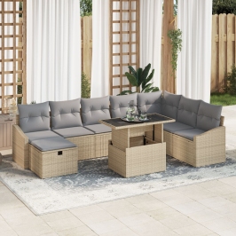Conjunto de Sofá de Jardín de 9 Piezas con Cojines Beige de Poliratán