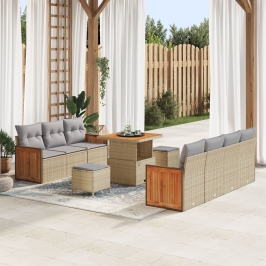 Juego de Sofás de Jardín de 10 Piezas con Cojines Beige Ratan Poly Acacia,  Sofá de Jardín de 2 Plazas con Cojines Beige Ratan Poly,  Juego de Comedor de Jardín de 3 Piezas con Cojines Beige Ratan Poly Acacia