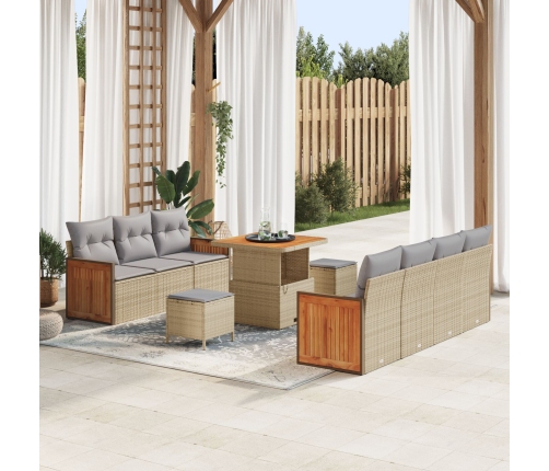 Juego de Sofás de Jardín de 10 Piezas con Cojines Beige Ratan Poly Acacia,  Sofá de Jardín de 2 Plazas con Cojines Beige Ratan Poly,  Juego de Comedor de Jardín de 3 Piezas con Cojines Beige Ratan Poly Acacia