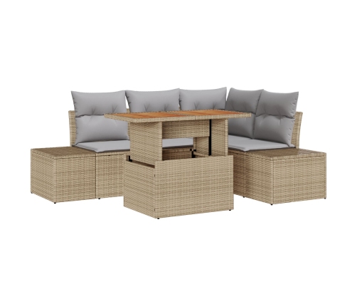 Juego de Comedor de Jardín de 5 Piezas con Cojines – Ratán Polivinílico Beige Acacia