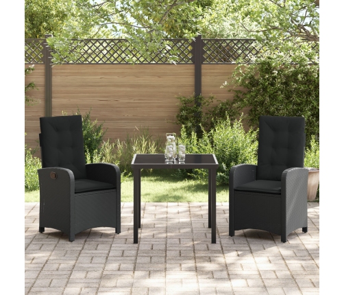 Set de Comedor de Jardín de 3 Piezas con Cojines Negro Poliratán