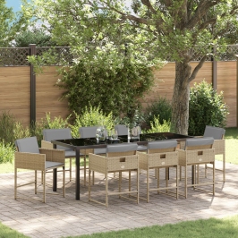 Set de Comedor de Jardín de 9 Piezas con Cojines Ratán Poliéster Beige