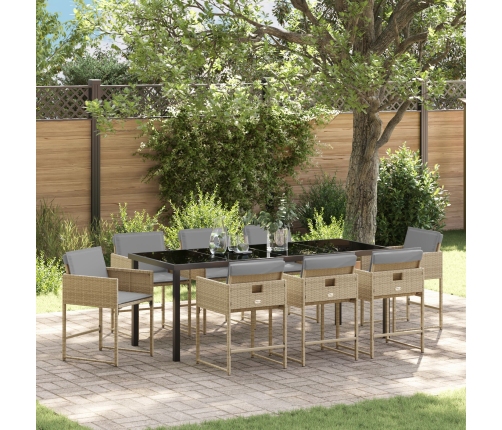 Set de Comedor de Jardín de 9 Piezas con Cojines Ratán Poliéster Beige