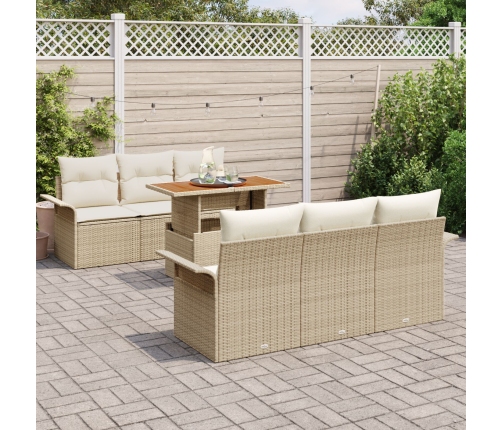 Conjunto de Sofá de Jardín de 7 Piezas con Cojines Beige Ratán Poliéster Acacia