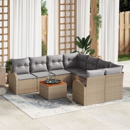 Set de Sofás de Jardín de 9 Piezas con Cojines Beige Ratán Sintético Acacia
