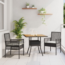 Set de Comedor de 3 Piezas para Jardín con Cojines Negros de Poliratán
