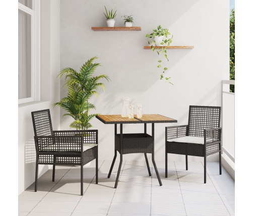 Set de Comedor de 3 Piezas para Jardín con Cojines Negros de Poliratán