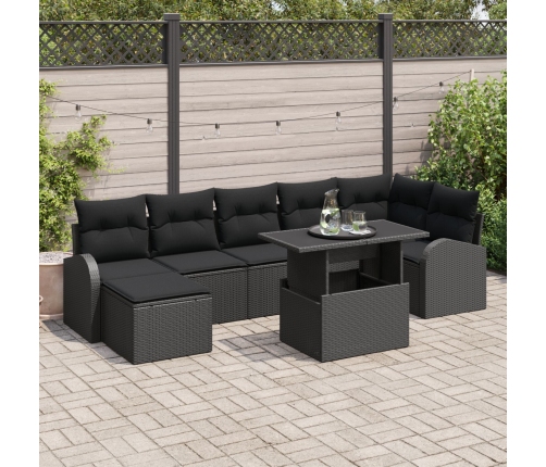 Juego de sofá de jardín de 8 piezas con almohadas, negro, ratán sintético