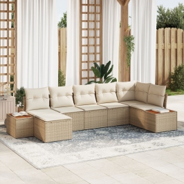 Conjunto de Sofá de Jardín de 7 Piezas con Cojines Beige Ratán Poliéster Acacia