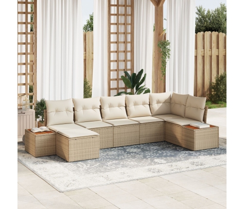 Conjunto de Sofá de Jardín de 7 Piezas con Cojines Beige Ratán Poliéster Acacia