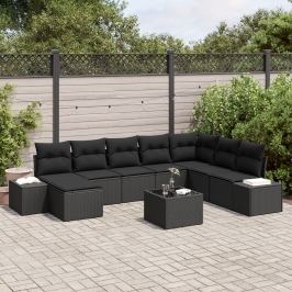 Conjunto de Sofá de Jardín de 9 Piezas con Cojines Beige Poliratán