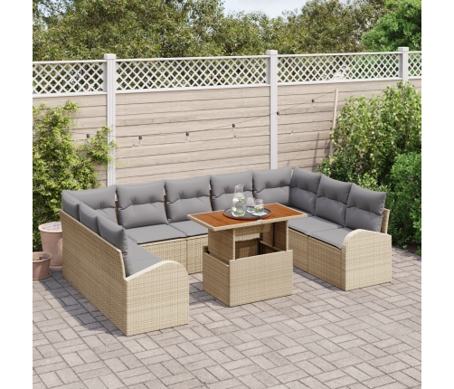 Conjunto de Comedor de Jardín de 10 Piezas con Cojines Beige Ratán Poliéster Acacia