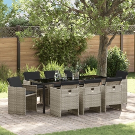 Conjunto de Comedor de Jardín de 9 Piezas con Cojines Gris Claro de Poliratán