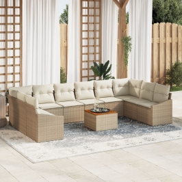Juego de Sofá de Jardín de 11 Piezas con Cojines Beige Poliratán Acacia