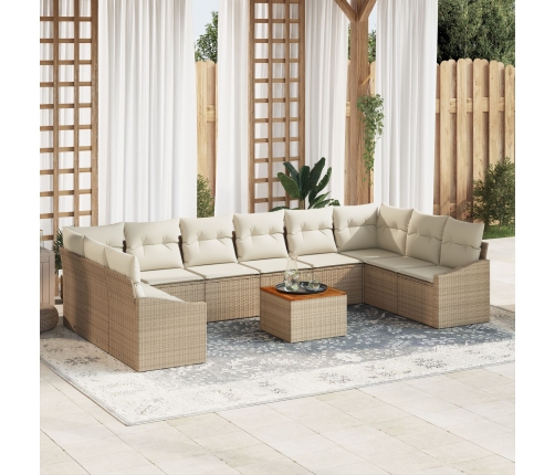 Juego de Sofá de Jardín de 11 Piezas con Cojines Beige Poliratán Acacia