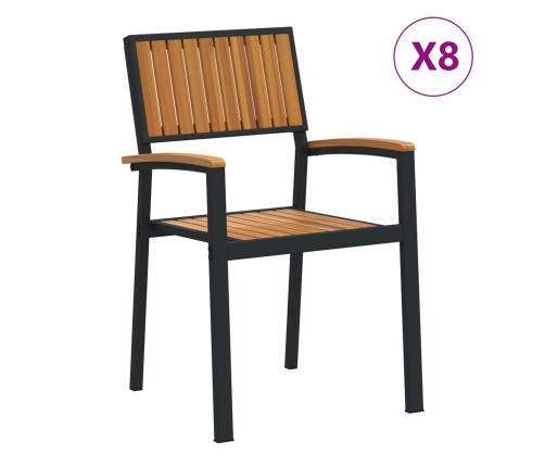 Sillas de Jardín Apilables 8 pcs Acero Negro y Madera Acacia Sólida