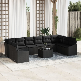 Conjunto de Sofá de Jardín  Set de 11 Negro Poliratán y tela