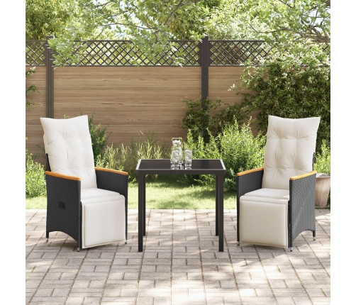 Conjunto de Comedor Jardín de 3 Piezas con Cojines Negro Poliratán