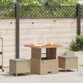 Conjunto de Comedor para Jardín de 3 Piezas con Cojines Beige de Ratán Polímero y Acacia
