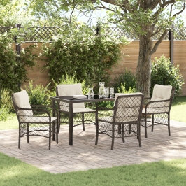 Juego de Comedor de Jardín de 5 Piezas con Cojines Marrón Rattan Poliéster