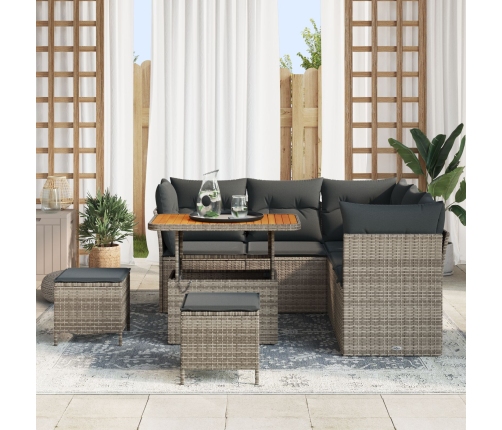 Juego de Sofás de Jardín de 8 Piezas con Cojines Gris Poliratán Acacia,  Juego de Comedor de Jardín de 3 Piezas con Cojines Gris Poliratán Acacia
