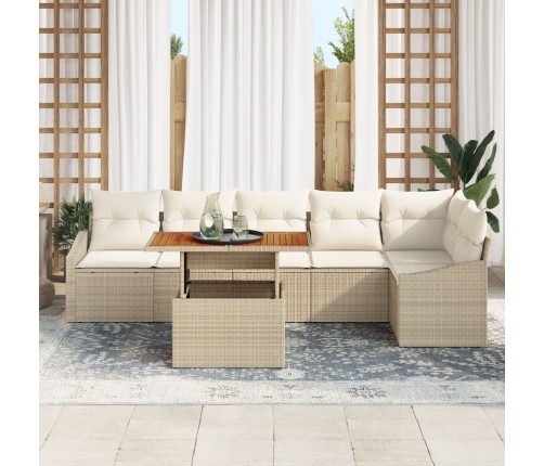 Juego de Comedor de Jardín de 7 Piezas con Cojines Beige de Ratán Sintético Acacia