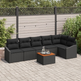 Conjunto de Sofá de Jardín de 7 Piezas con Cojines Negro Poliratán Acacia