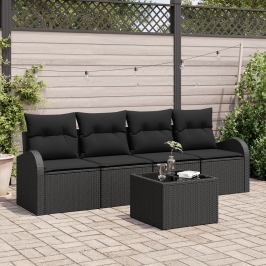 Set de Sofá de Jardín de 5 Piezas con Cojines Negro Ratán Poliéster