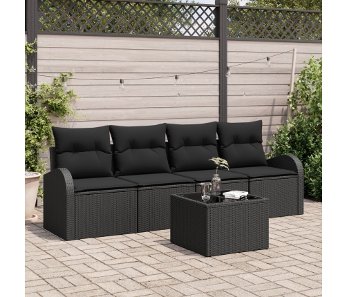 Set de Sofá de Jardín de 5 Piezas con Cojines Negro Ratán Poliéster