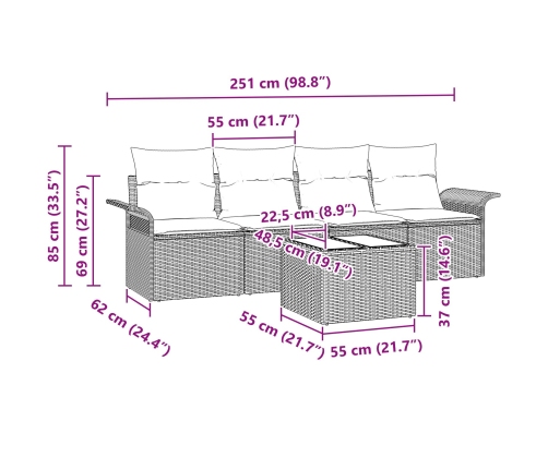 Conjunto de Sofá de Jardín de 5 Piezas con Cojines Beige Poliratán