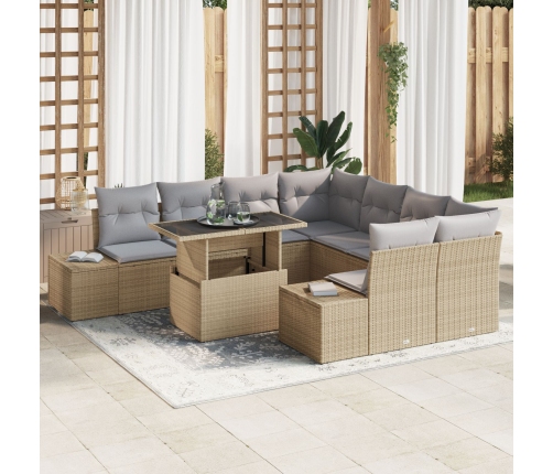 Conjunto de Sofá de Jardín de 9 Piezas con Cojines Beige Poliratán