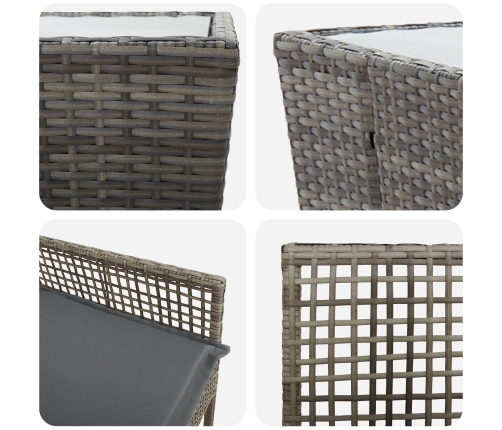 Set de Bistro de Jardín de 3 Piezas con Cojines en Gris de Poliratán