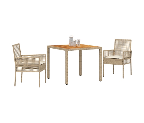 Juego de Comedor de Jardín de 3 Piezas con Cojines Beige de Ratán Poliéster